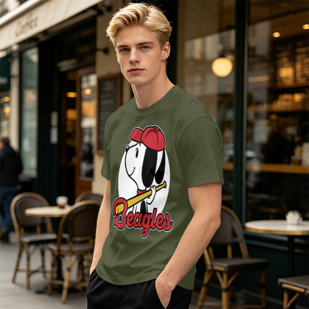 Olive green t-shirt with Snoopy baseball Beagles graphic