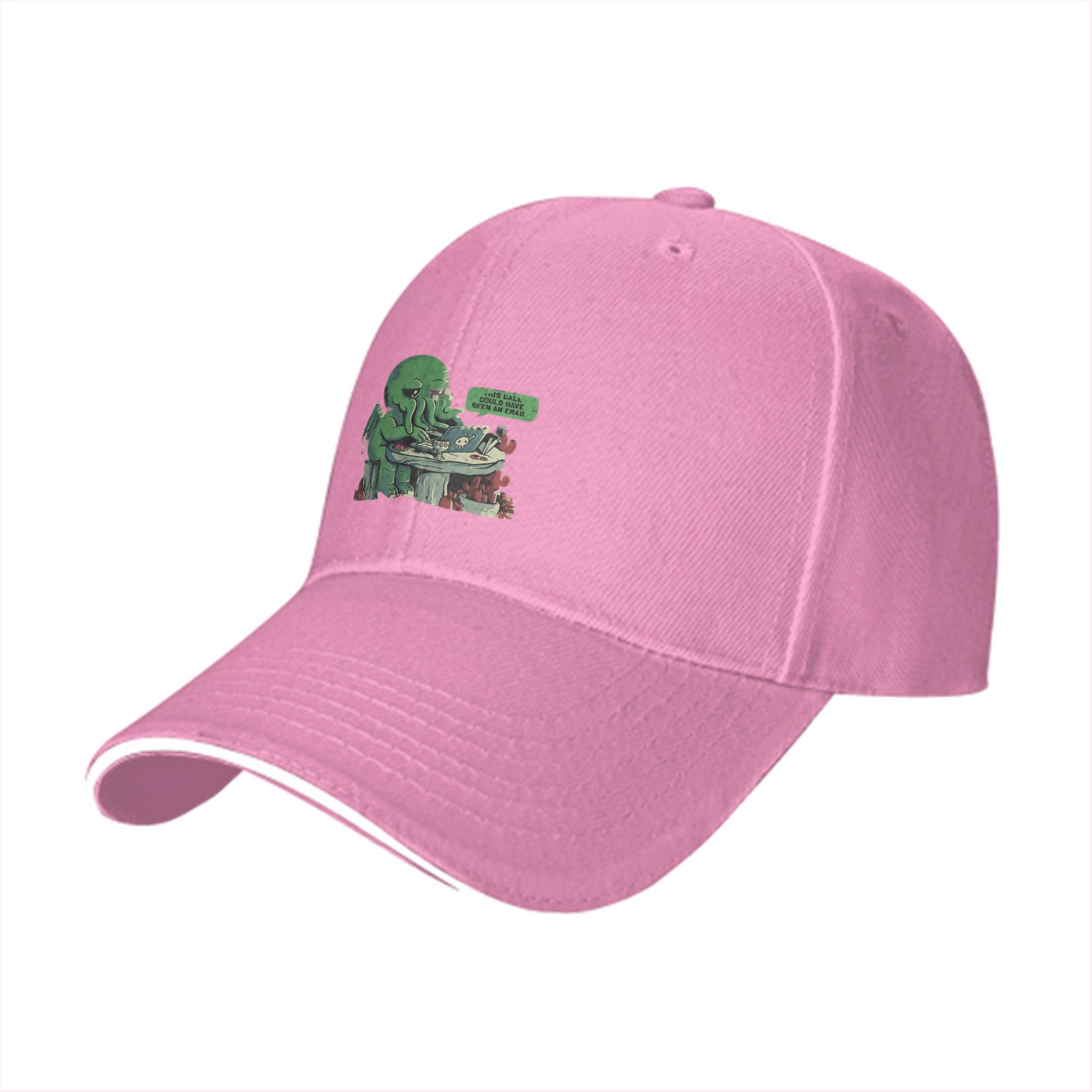 Black baseball cap with cute Cthulhu using laptop graphic
