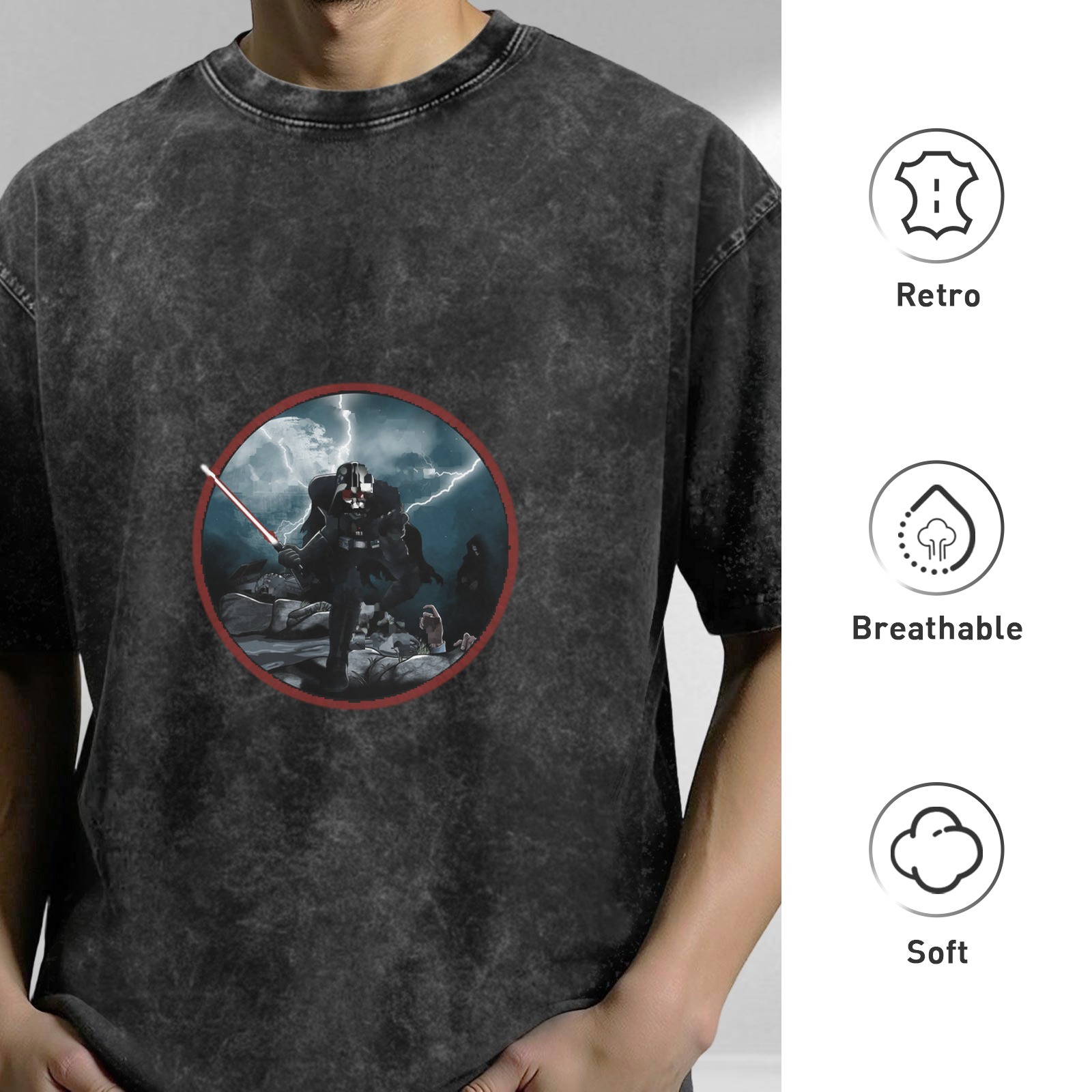 Star Wars Darth Vader Graphic Acid Wash T-Shirt - Dark Gray Oversized Short Sleeve Tee