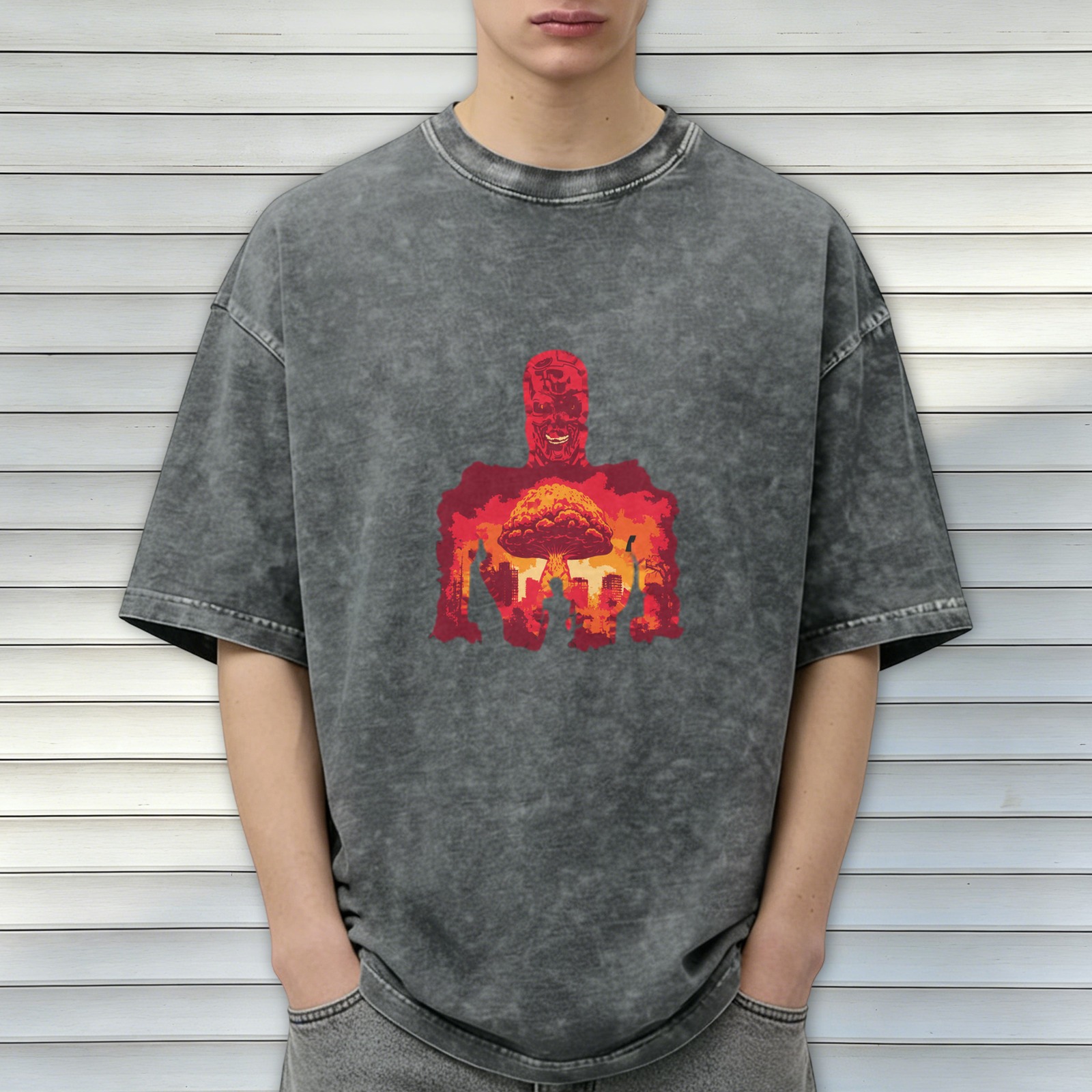 Oversized Acid Wash T-Shirt with Nuclear Explosion Skull Art