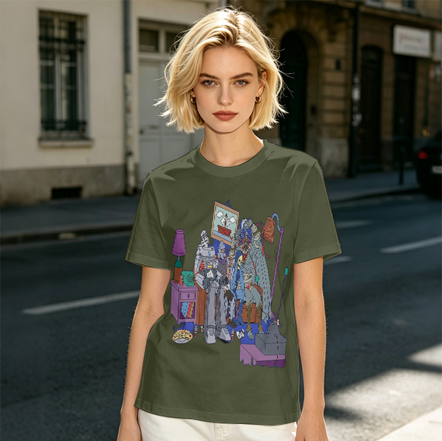Olive T-Shirt With Quirky Room Scene Graphic Print