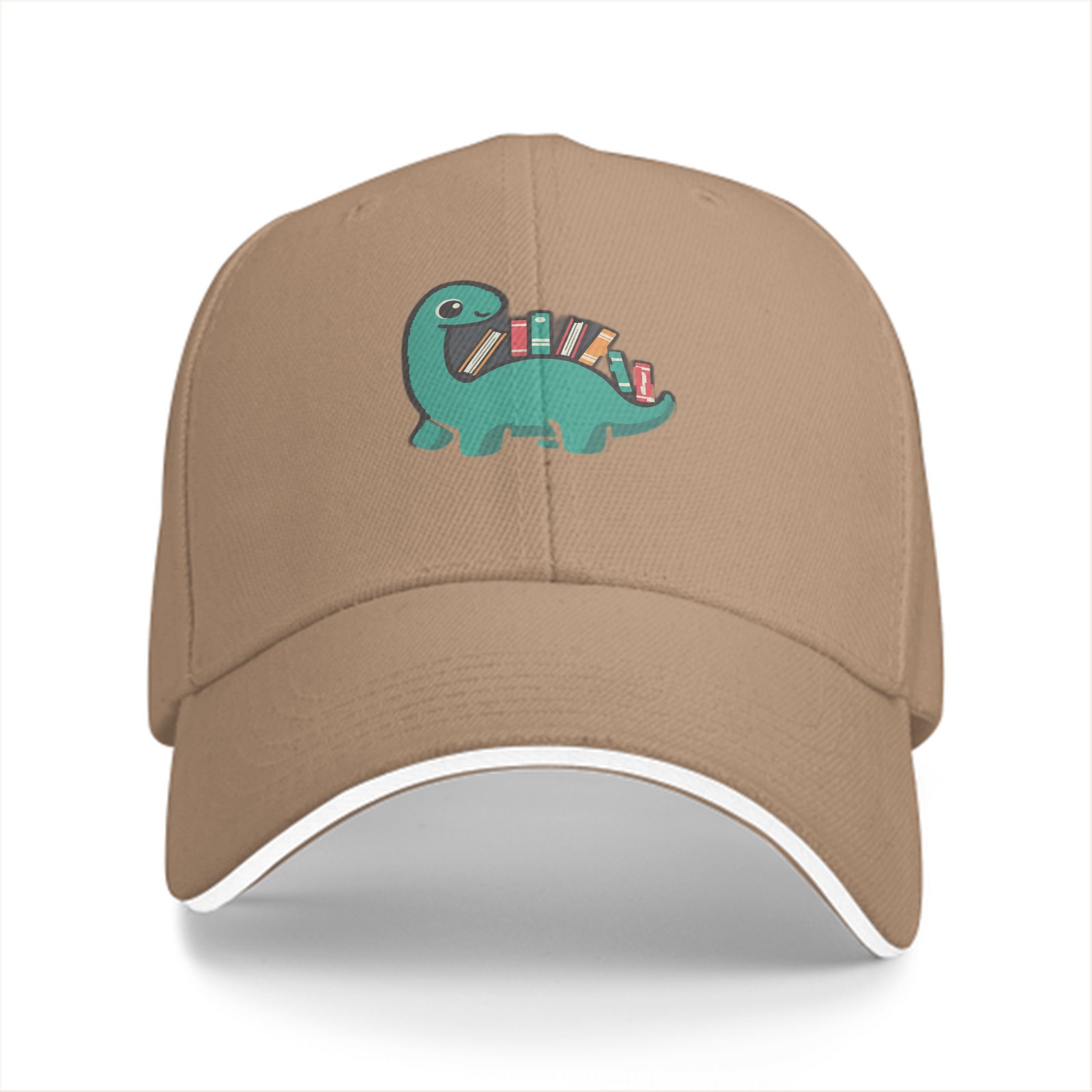 Black baseball cap with cute dinosaur carrying books graphic