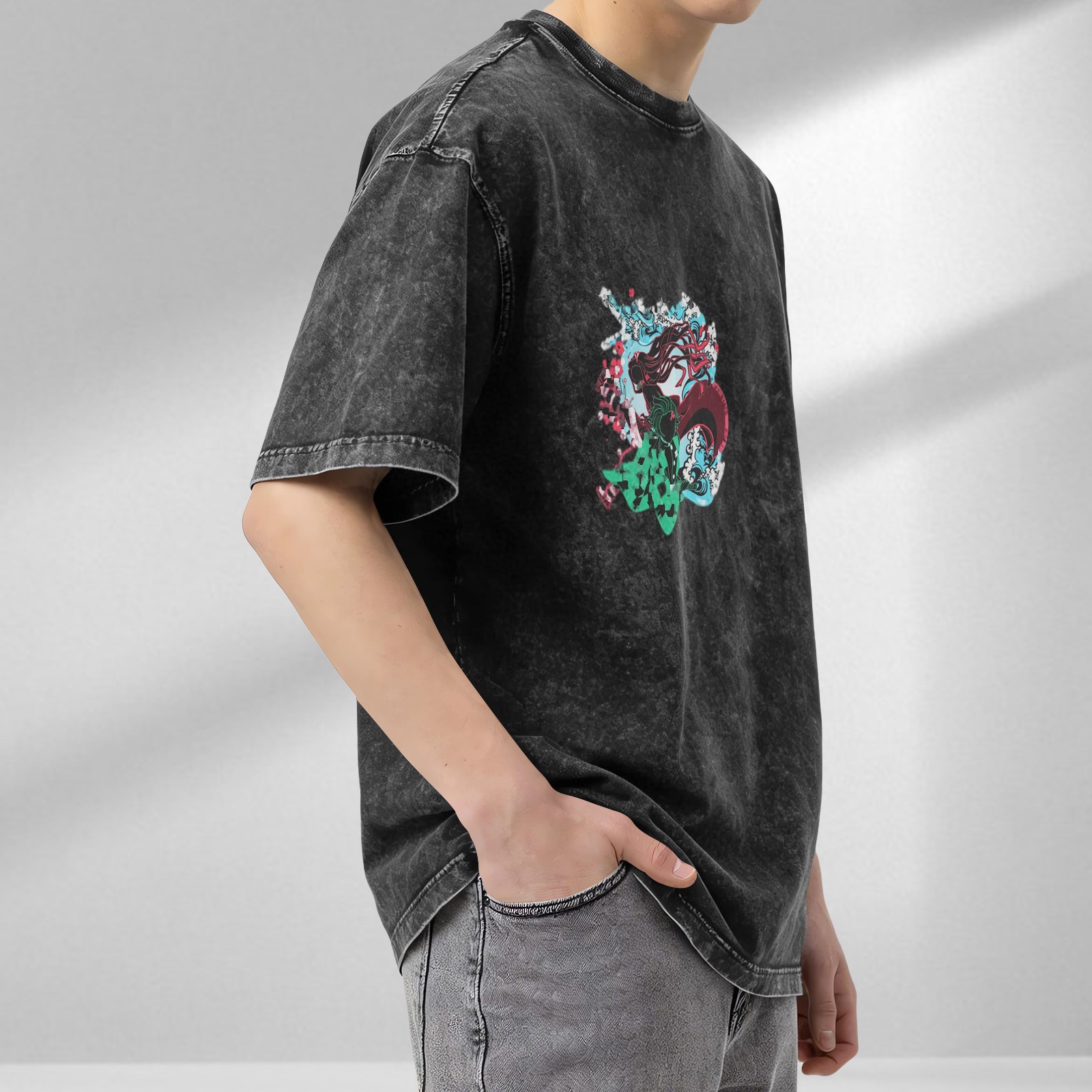 Oversized Vintage Wash Graphic T-Shirt with Anime Demon Slayer Character Print, Black Acid Wash Tee