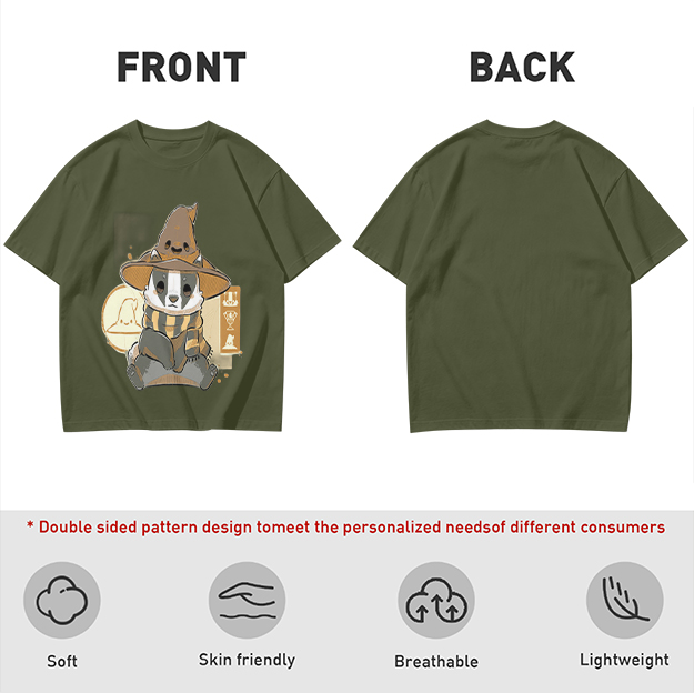 Olive T-Shirt With Cute Wizard Badger Graphic Print