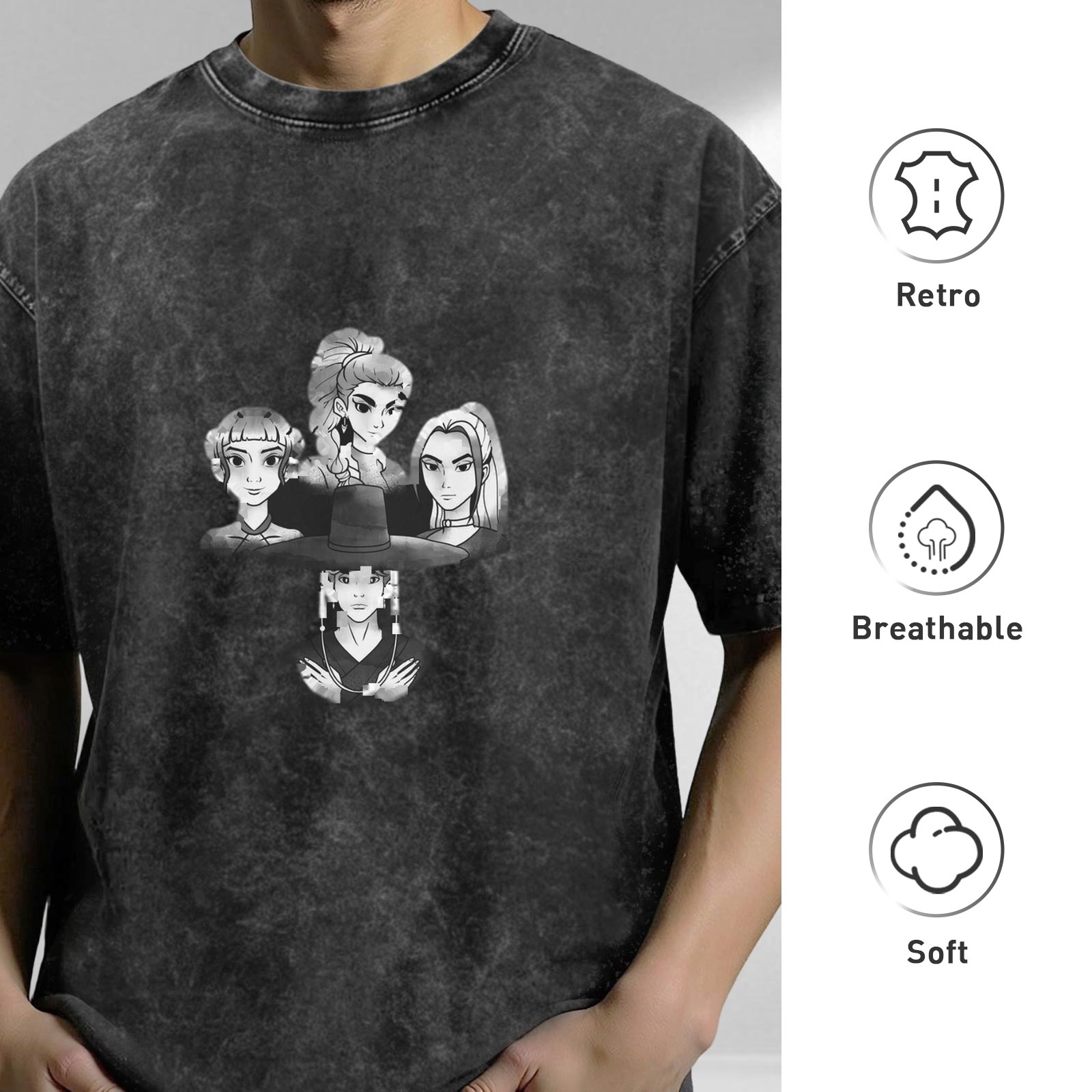 Washed black graphic t-shirt with anime character portraits