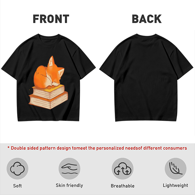 Olive T-Shirt With Sleeping Fox On Stacked Books Print