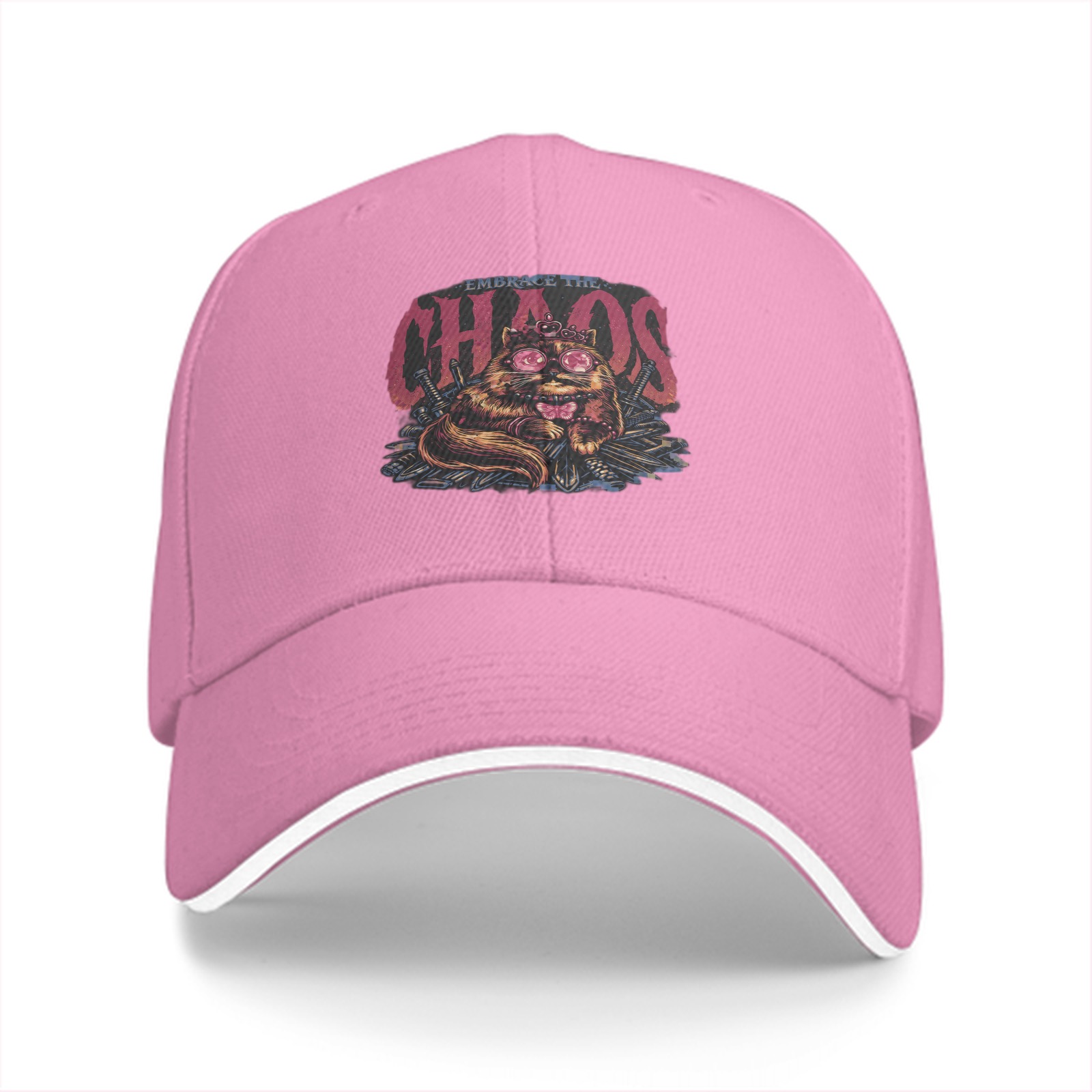 Black Baseball Cap With Embrace The Chaos Cat Graphic