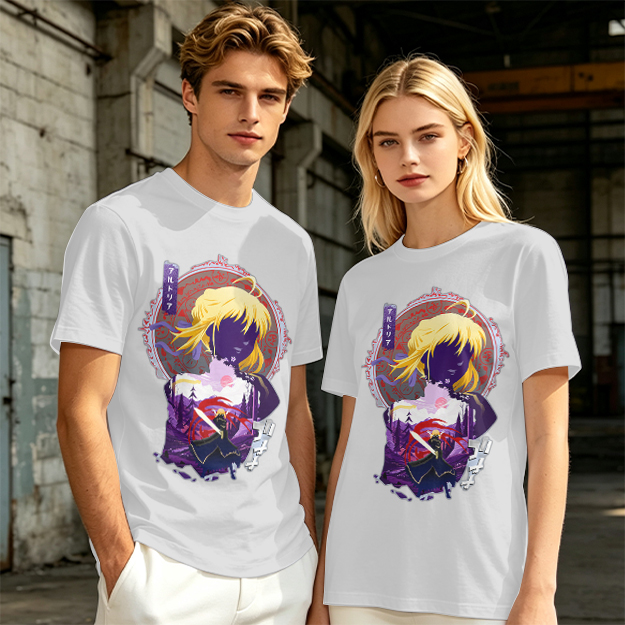 Olive green anime graphic t-shirt with Saber character print