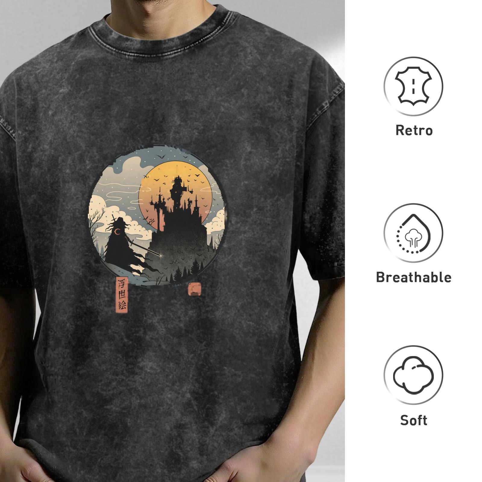 Distressed washed black round neck short-sleeved T-shirt Ukiyo-e style dark castle samurai pattern top