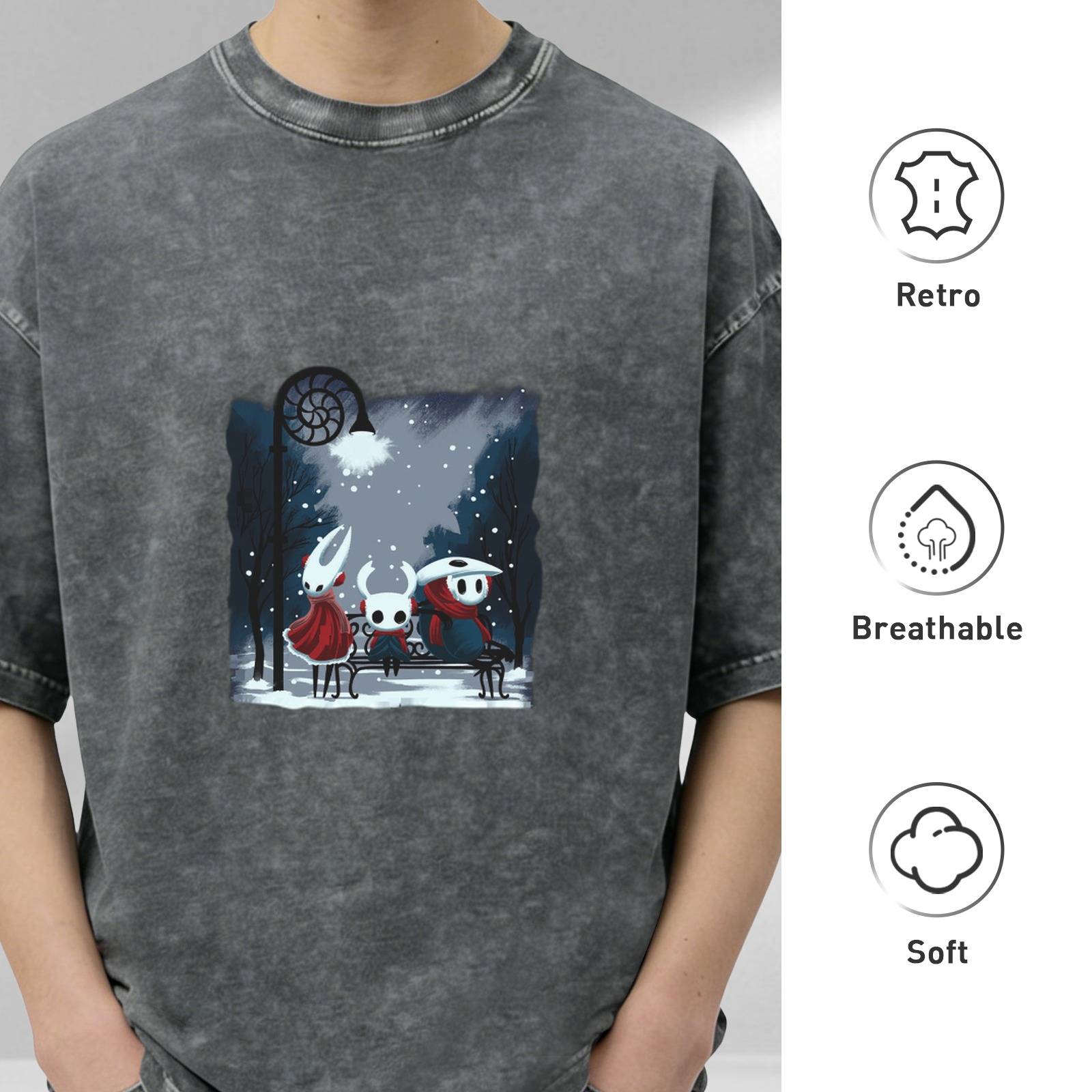 Oversized Dark Wash T-Shirt With Hollow Knight Winter Scene Print