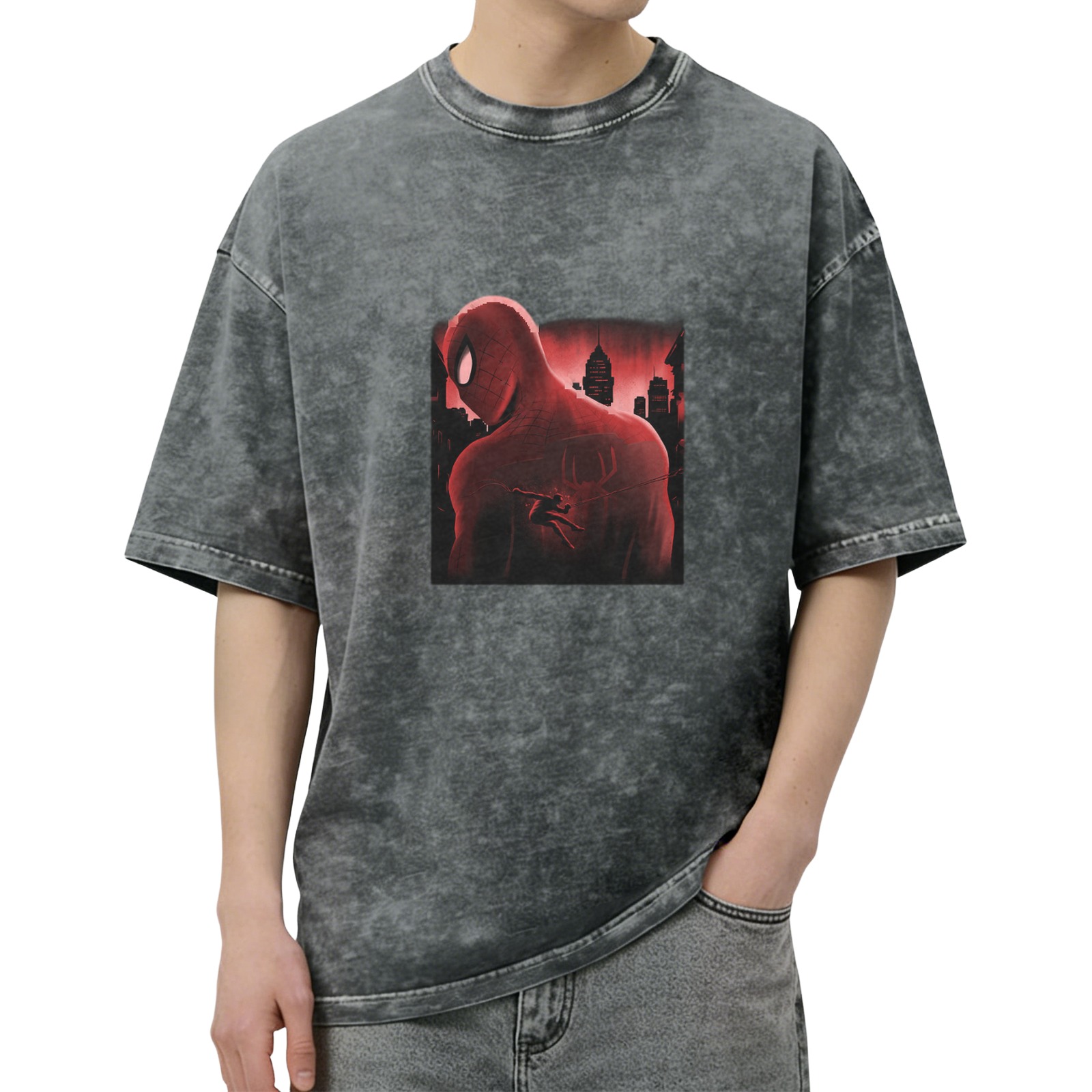 Washed Black Oversized T-Shirt with Spider-Man Cityscape Graphic