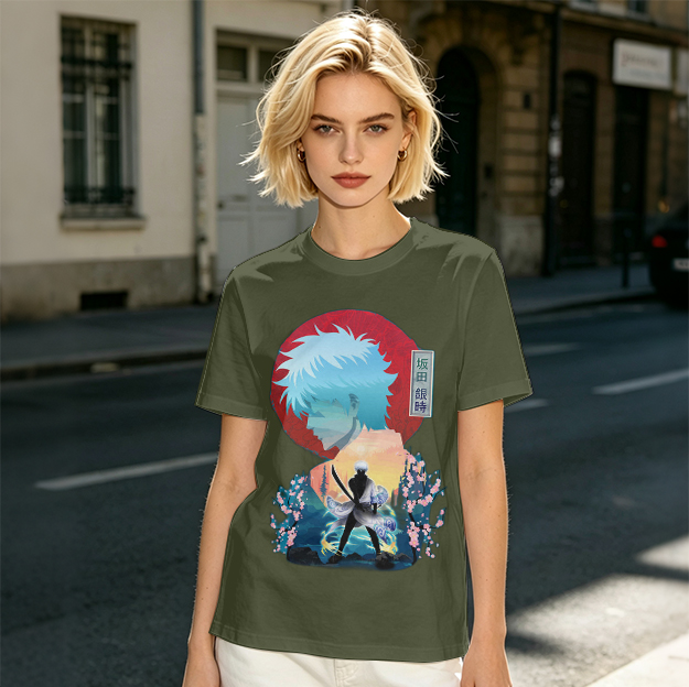 Anime samurai graphic olive green casual t-shirt
