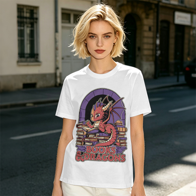 Olive t-shirt with cute red dragon reading books graphic