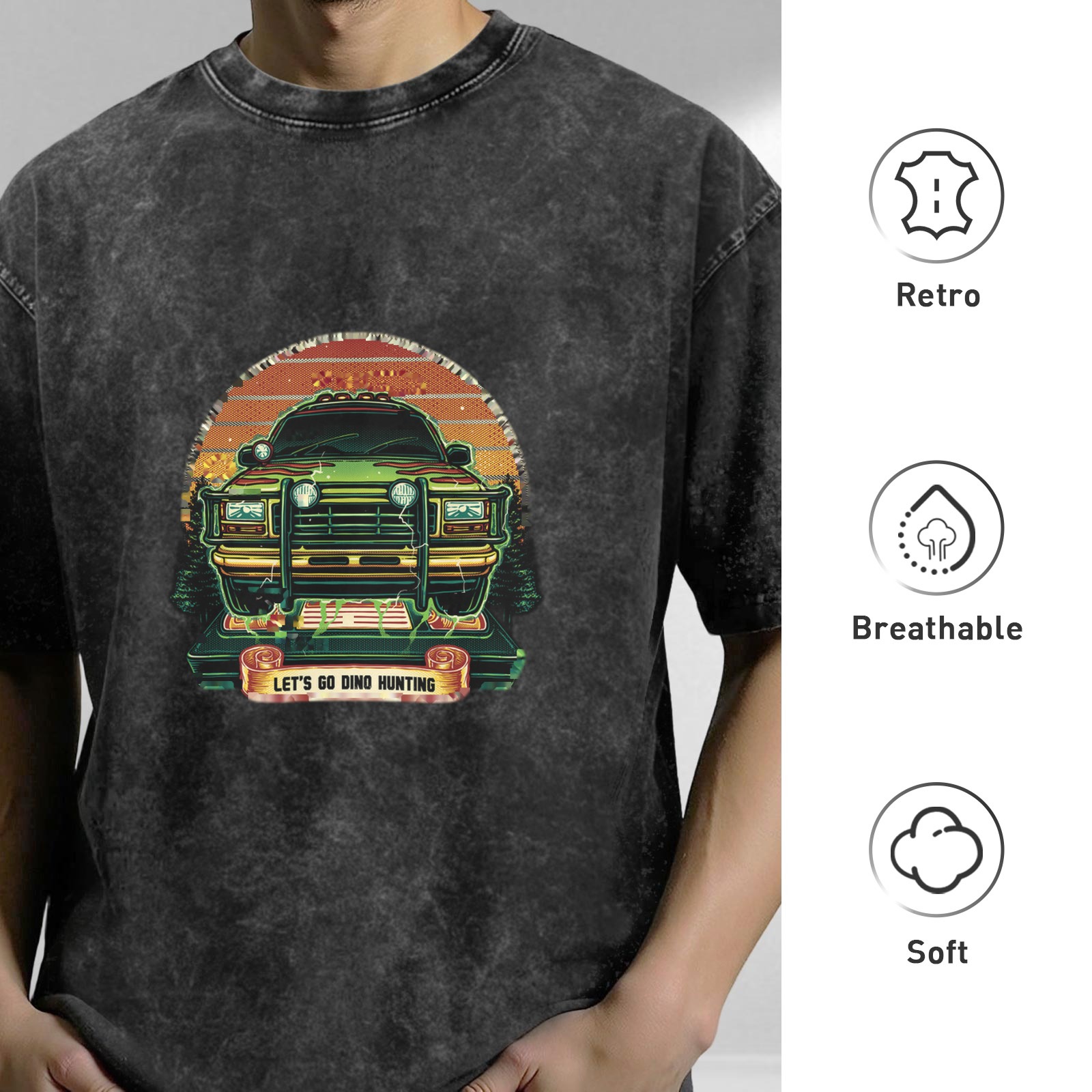 Washed Black T-Shirt with Let's Go Dino Hunting Jurassic Park Style Graphic
