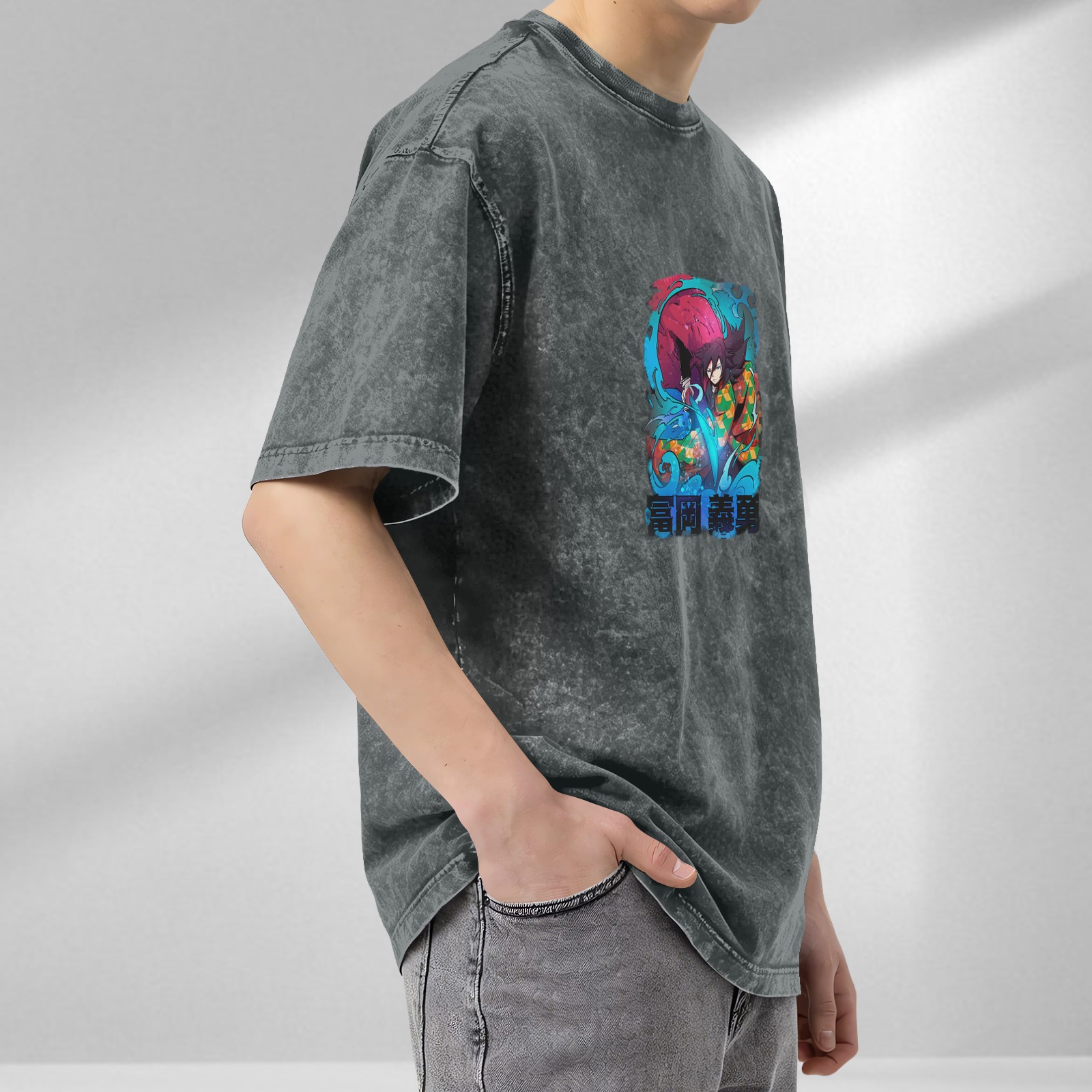 Oversized washed anime graphic t-shirt with water demon slayer character