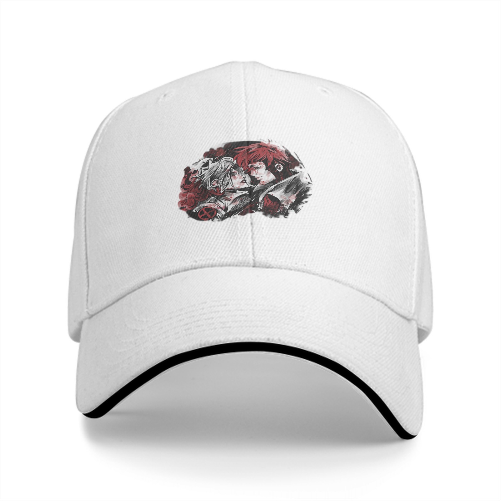 Black Baseball Cap With Anime Character Art Print