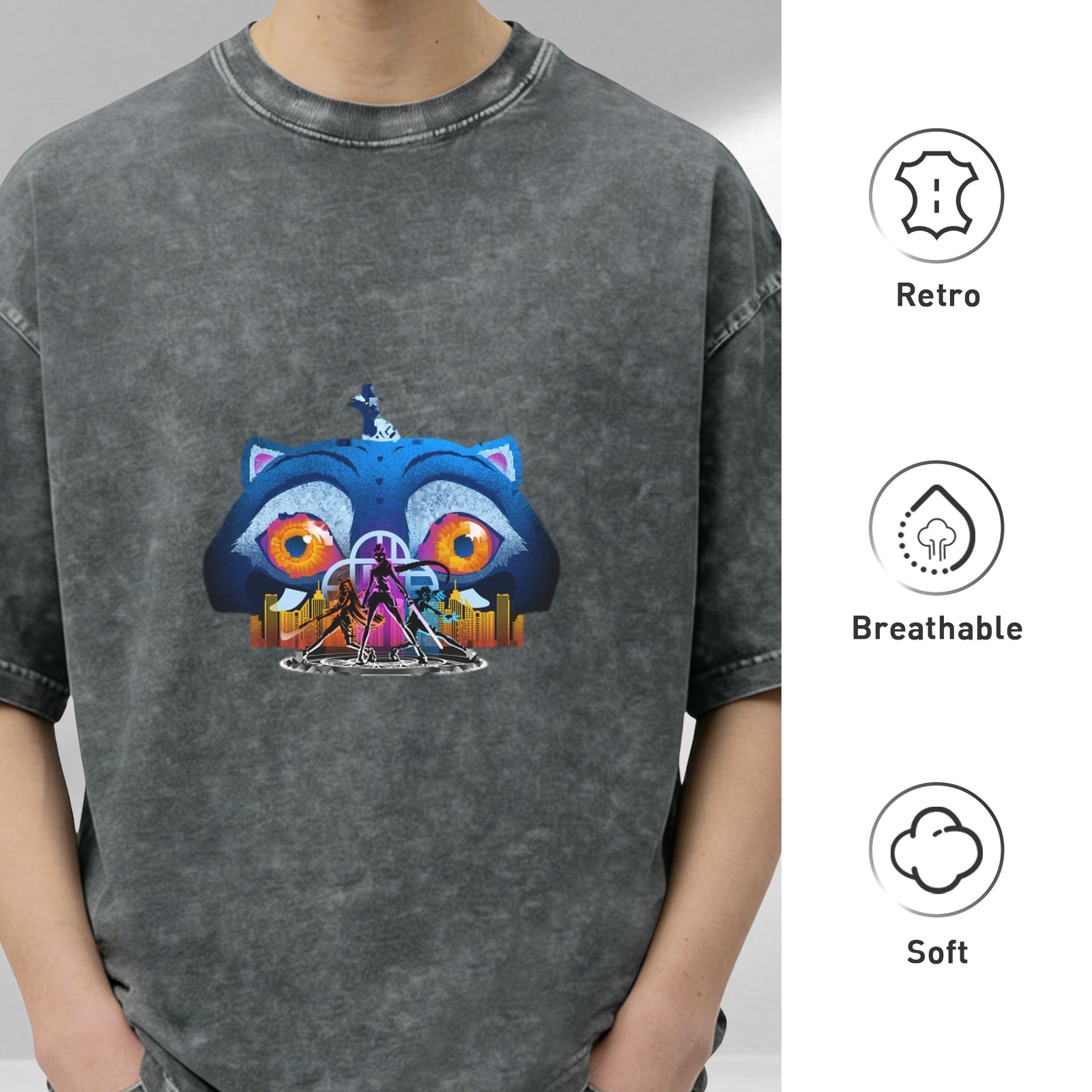 Washed black graphic t-shirt with stylized cat and city design