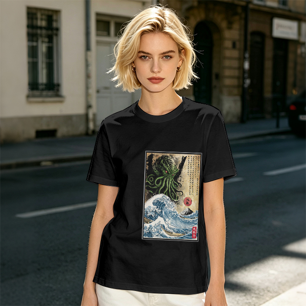 Olive T-shirt with Cthulhu Great Wave Japanese Art Print