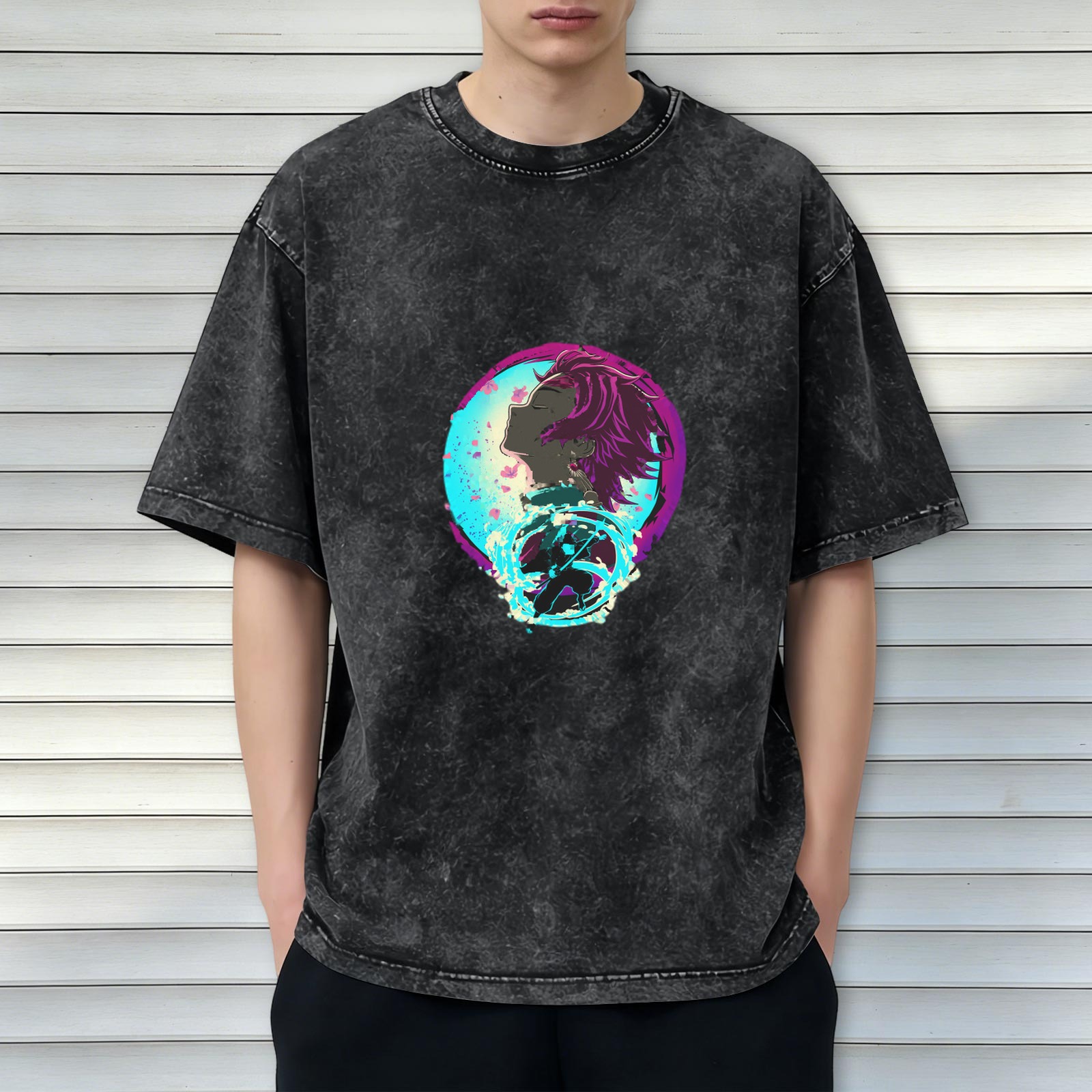 Oversized Washed Anime Demon Slayer Graphic T-Shirt