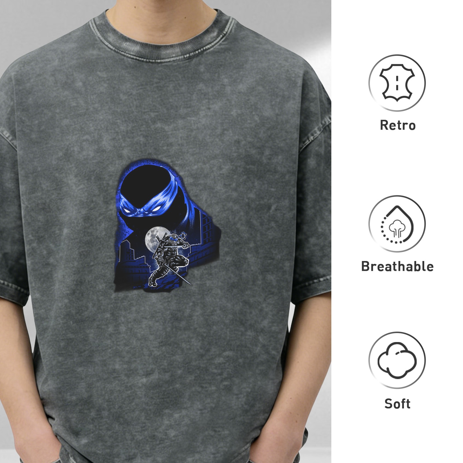 Washed Black Oversized T-Shirt with Blue Ninja Turtle Graphic