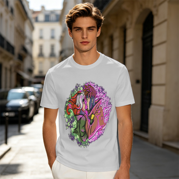 Olive T-Shirt with Gambit and Rogue Superhero Art Print