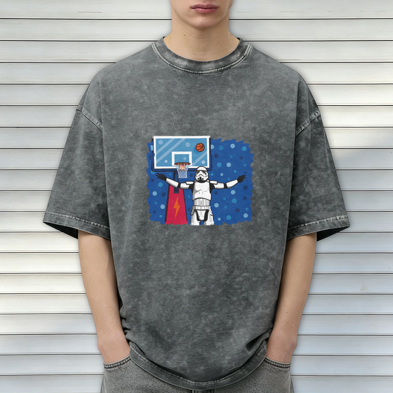 Washed Black T-Shirt with Stormtrooper Basketball Graphic Design