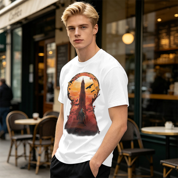 Olive T-Shirt with Keyhole Sunset Tower Art Print