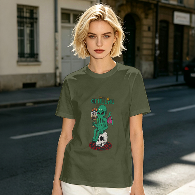 Olive Green Cthulhu Graphic T-Shirt with Skull and Candles