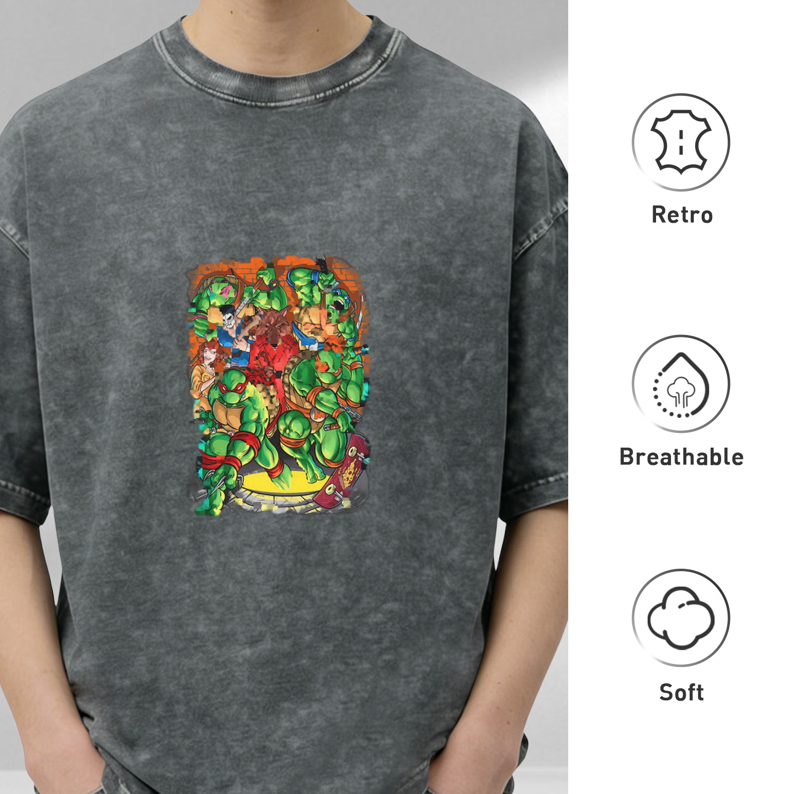 Washed Black Oversized T-Shirt with Teenage Mutant Ninja Turtles Graphic