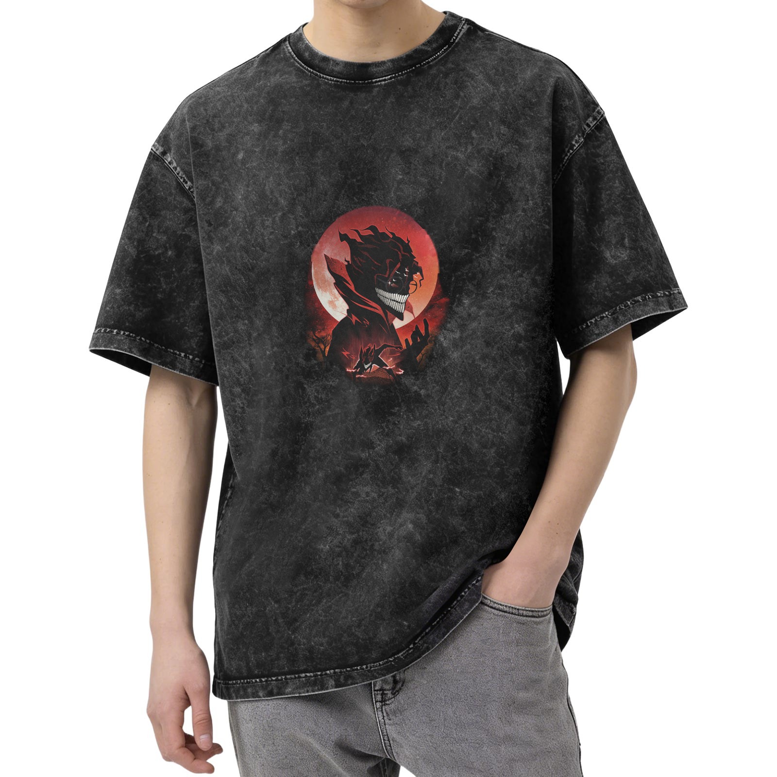 Distressed black loose short-sleeved T-shirt anime style red moon character printed top