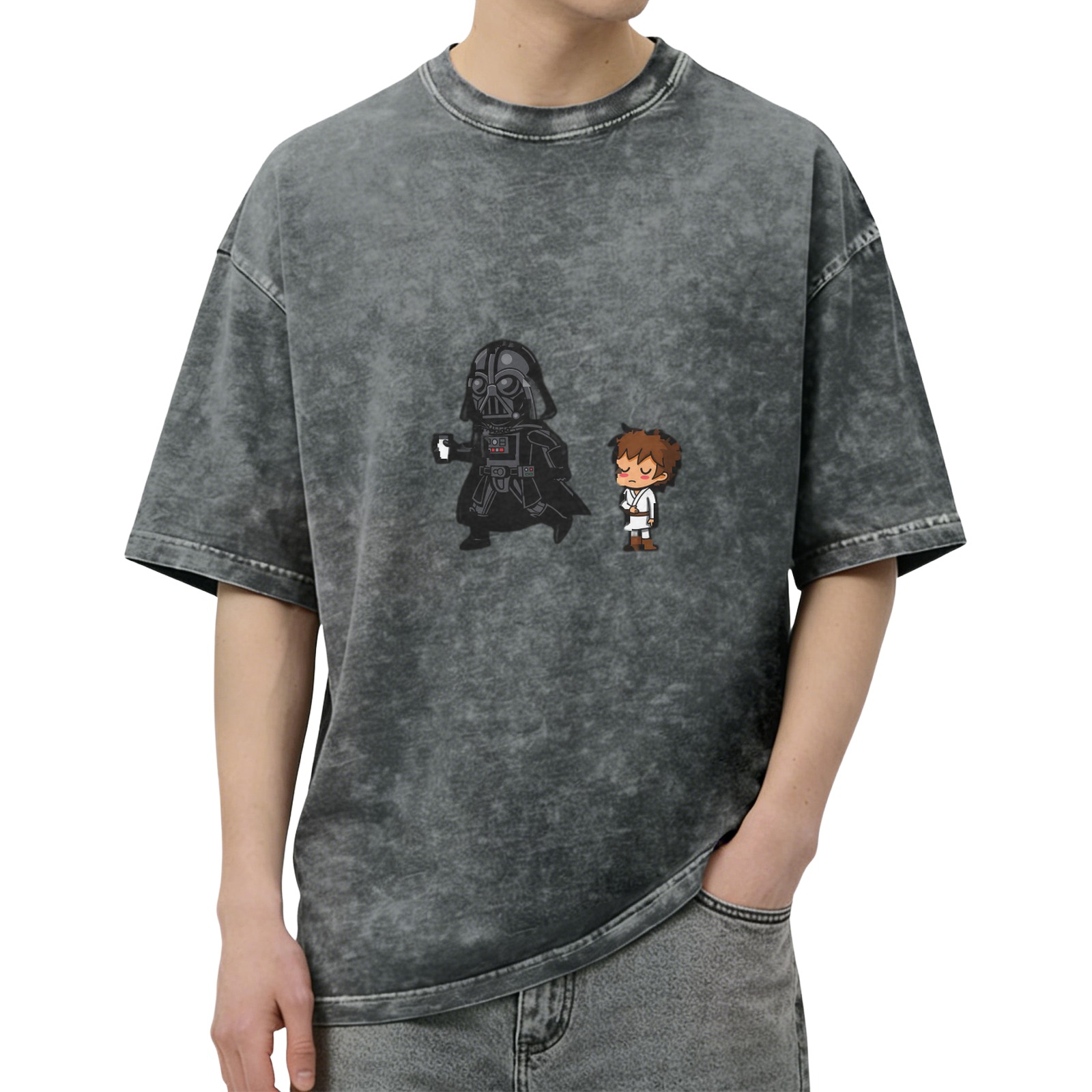 Washed Black T-Shirt With Cute Star Wars Character Art