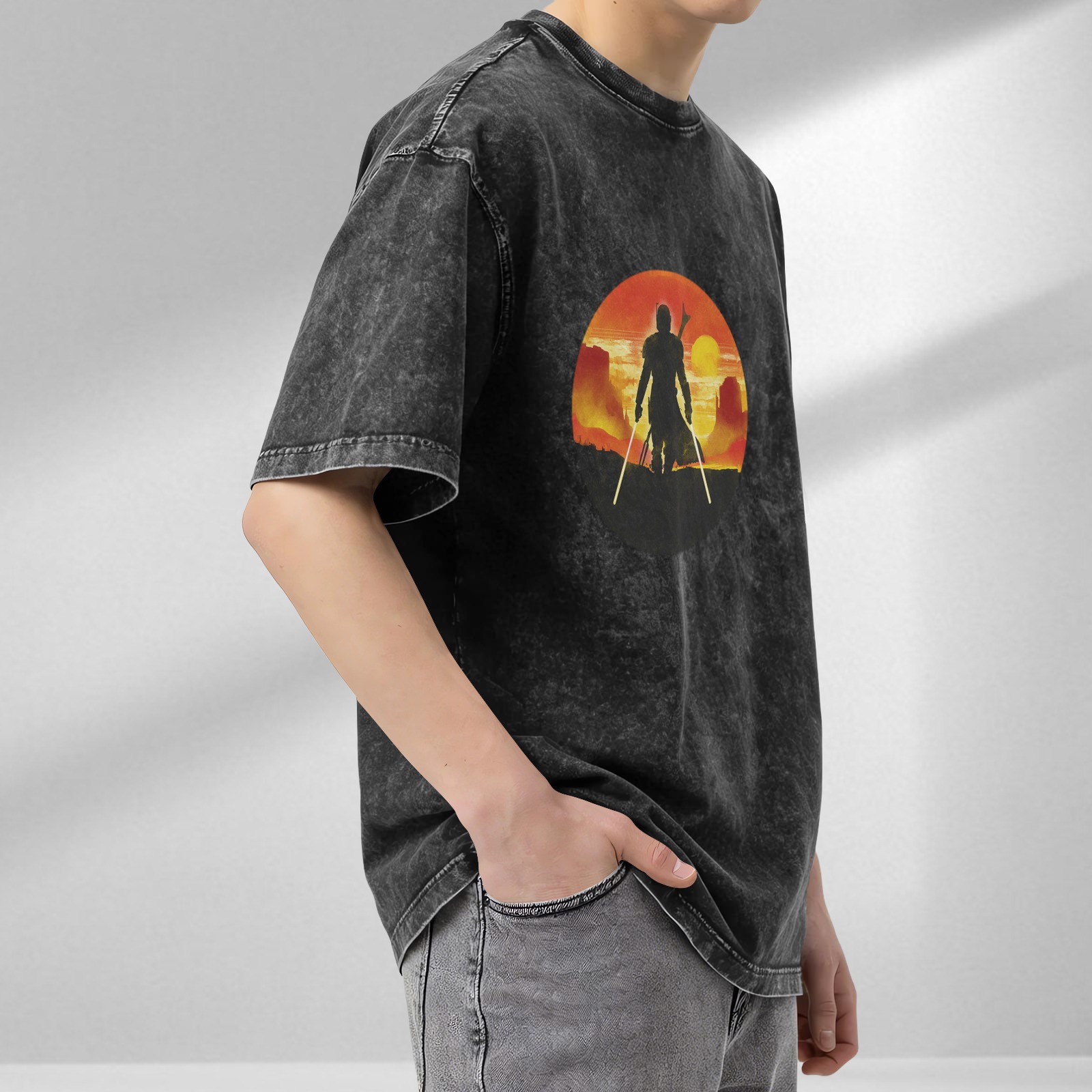 Washed Black T-Shirt with Mandalorian Sunset Silhouette Print