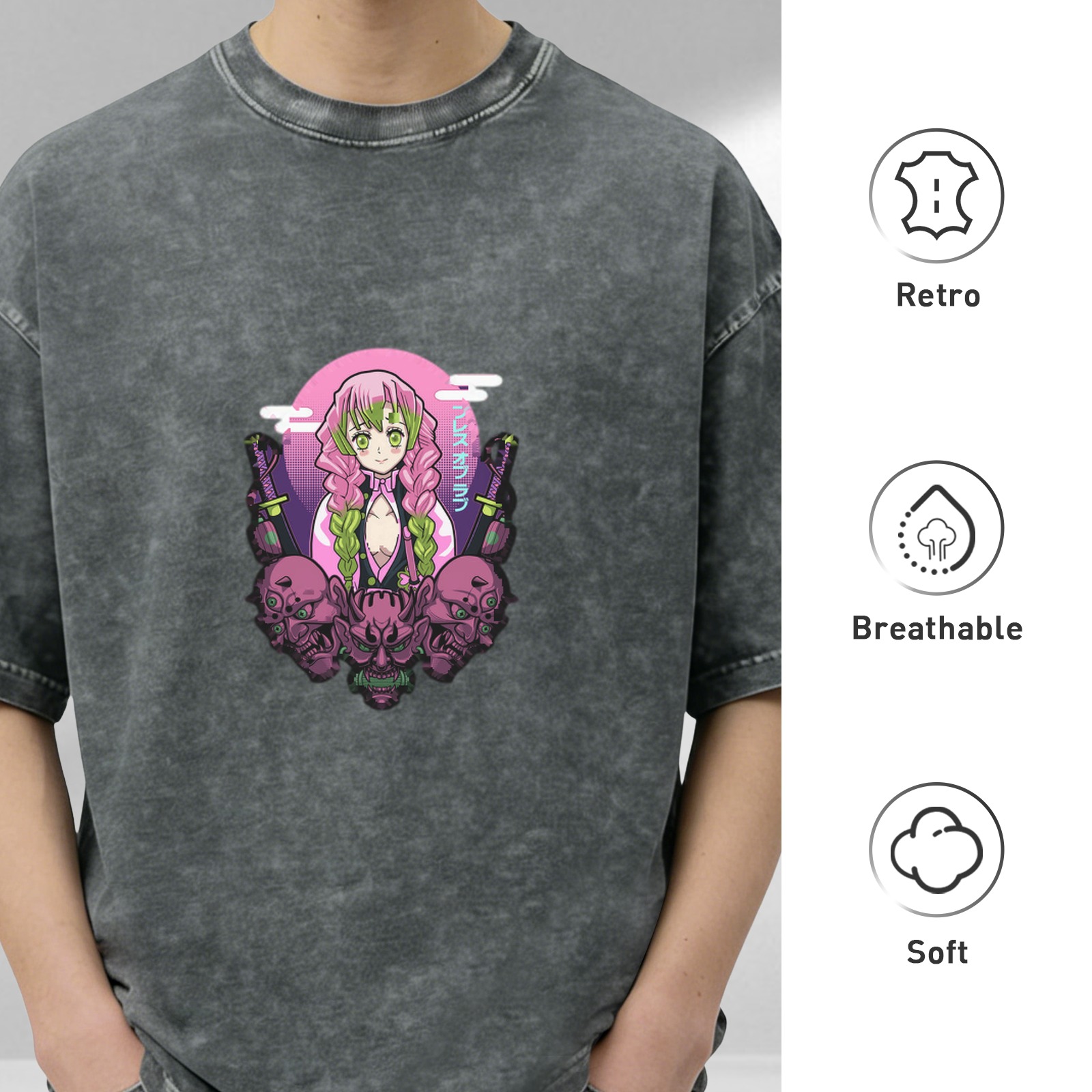 Oversized Acid Wash T-Shirt with Anime Demon Slayer Character Print
