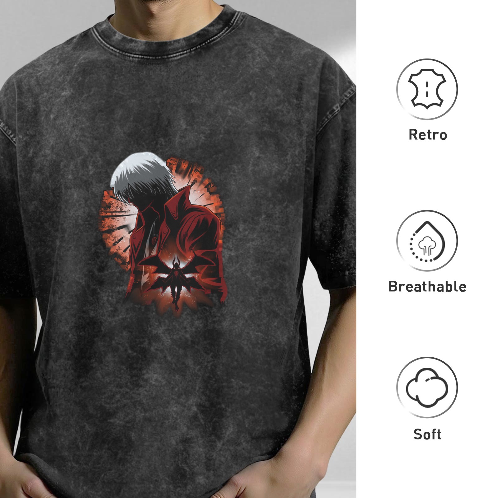 Washed Black Graphic T-Shirt with Anime Demon Character Print