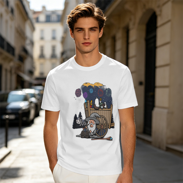 Olive T-Shirt with Wizard and Fireworks Cart Graphic