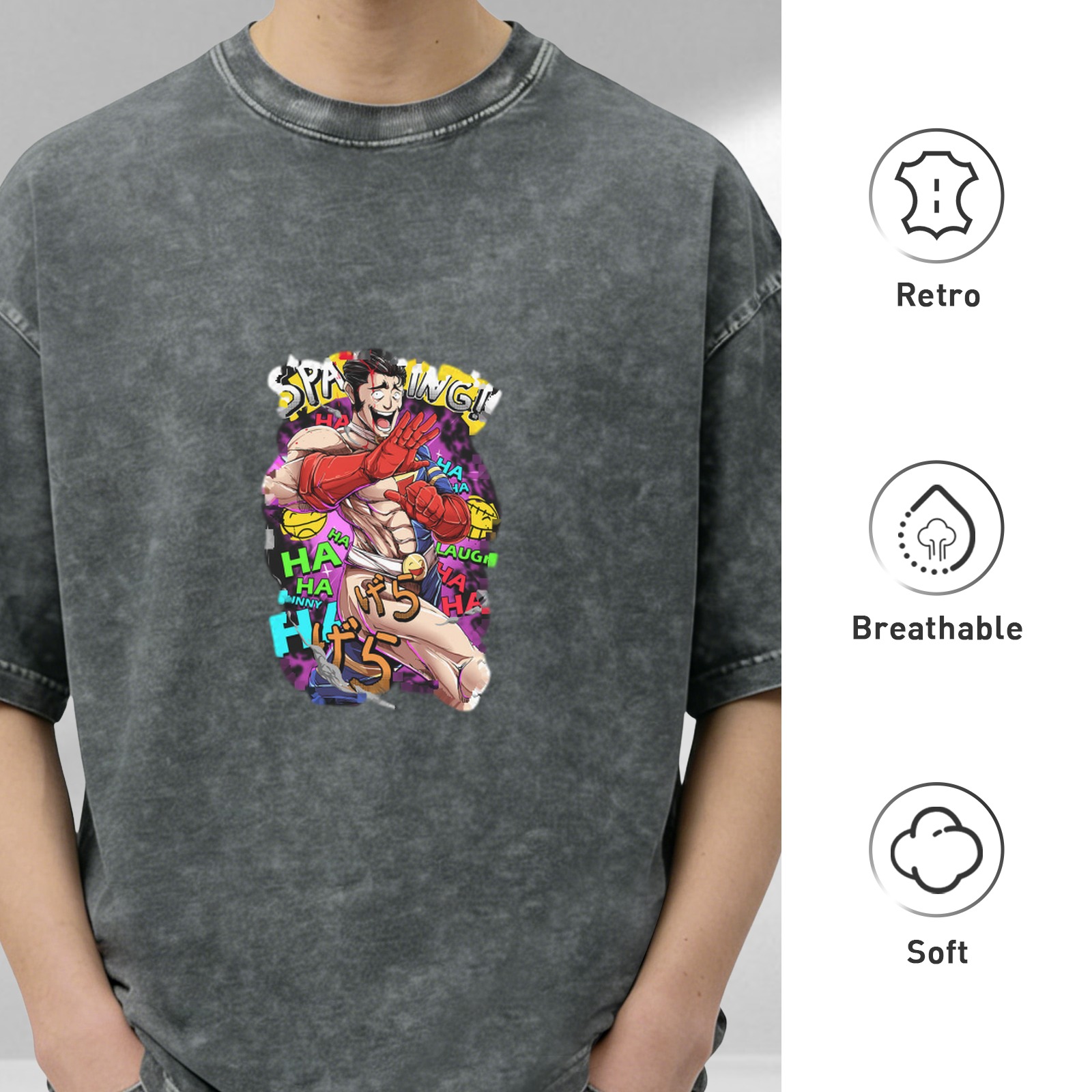 Oversized acid wash t-shirt with anime laughing fighter graphic