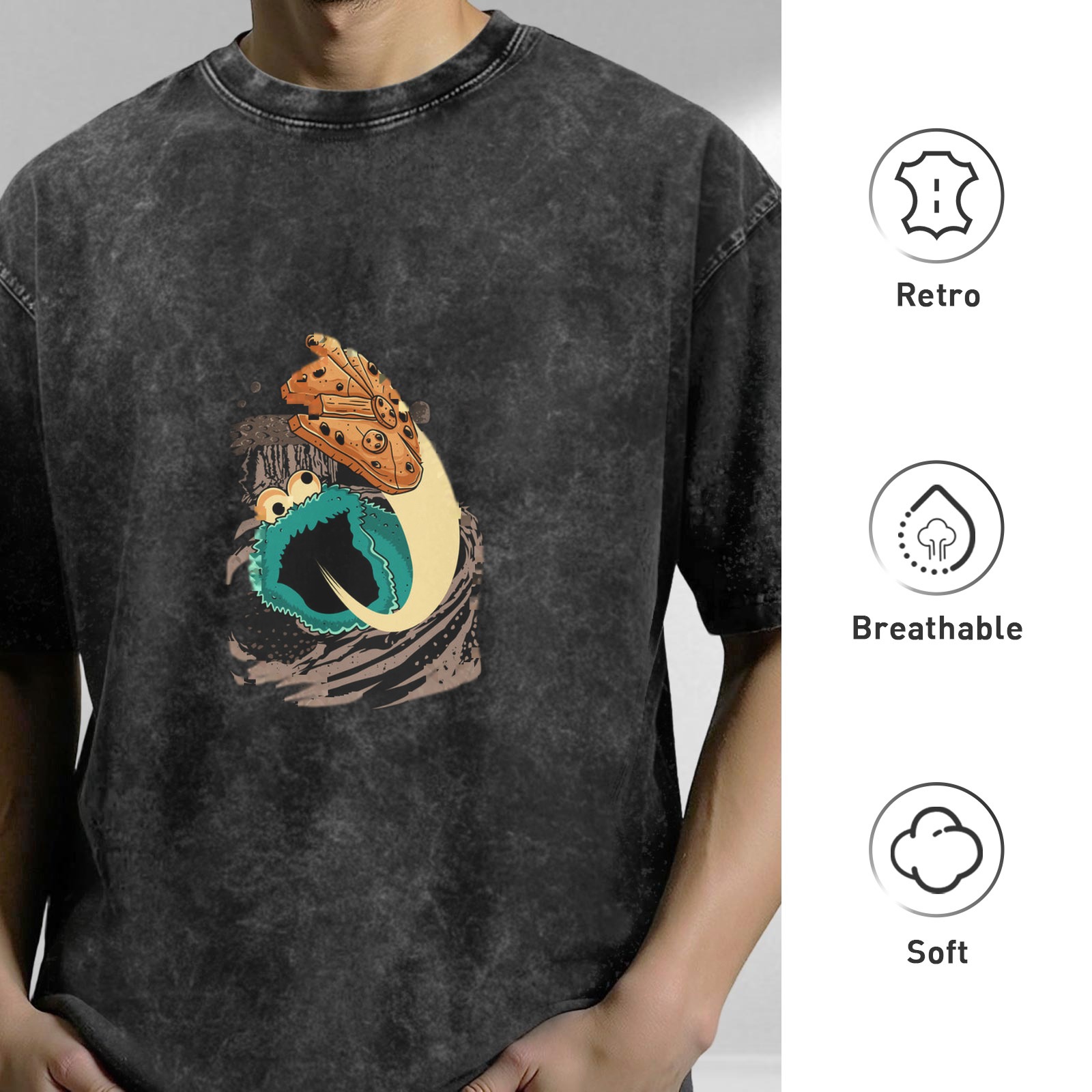 Oversized Acid Wash T-Shirt with Cookie Monster Graphic Print