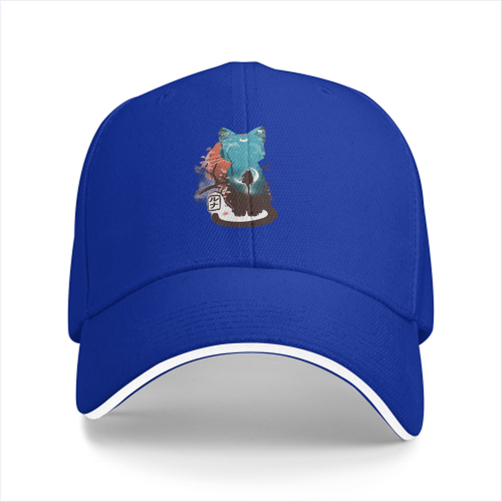 Black baseball cap with artistic cat graphic design