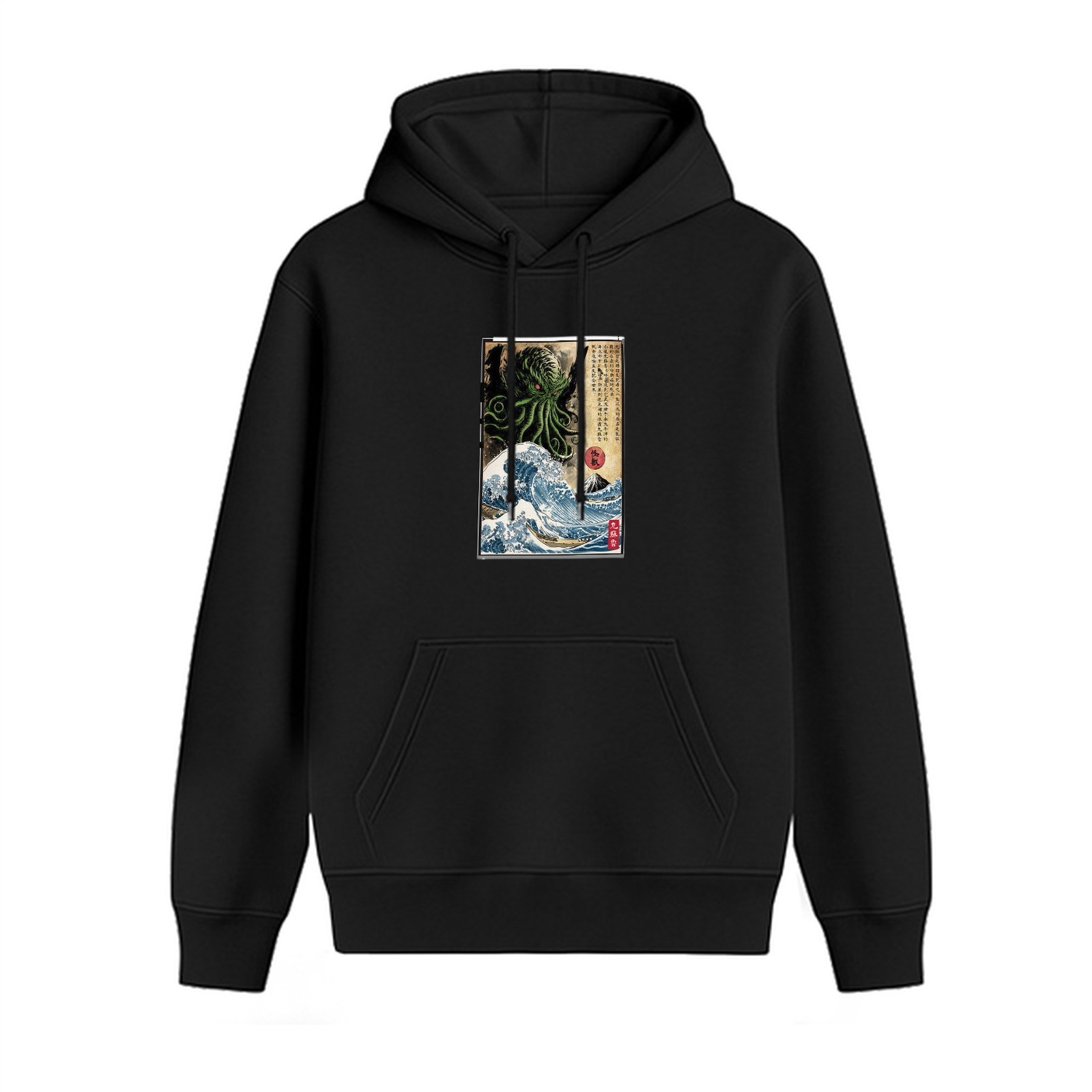 Black hoodie with Cthulhu great wave ukiyo-e style print