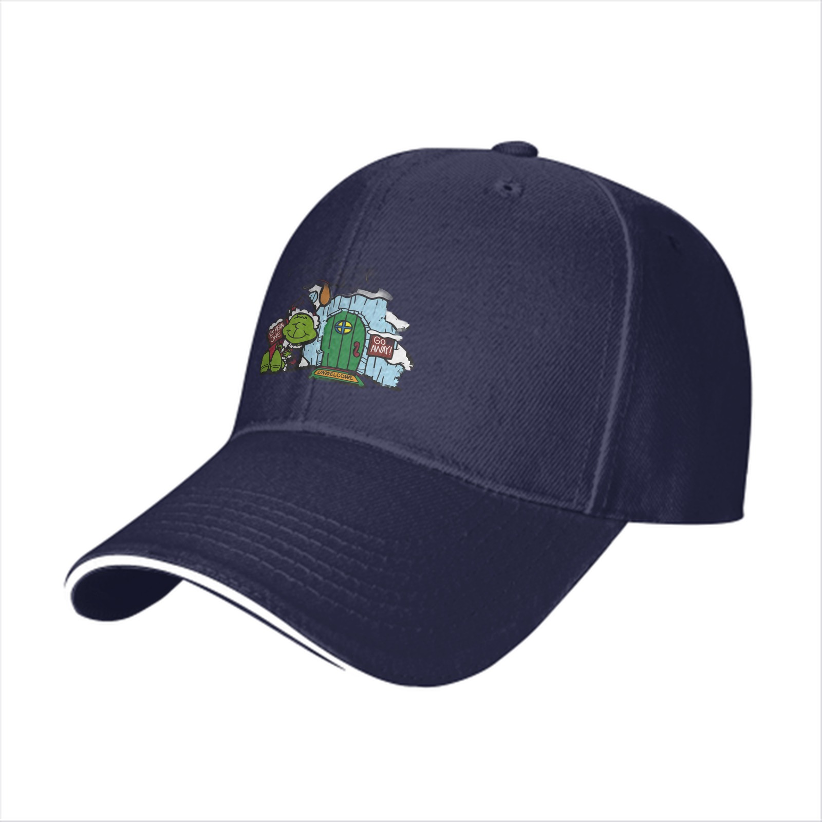 Black baseball cap with Grinch-themed holiday door print