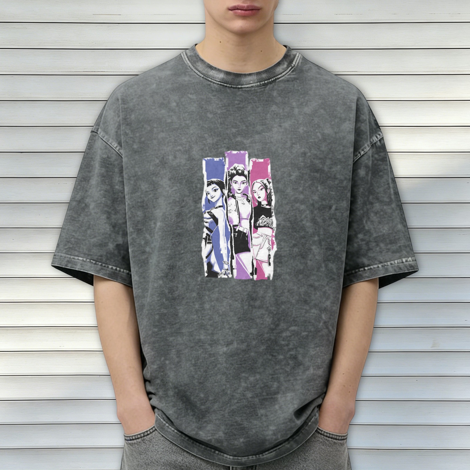 Oversized Acid Wash T-Shirt With Three Anime Girl Graphic Print