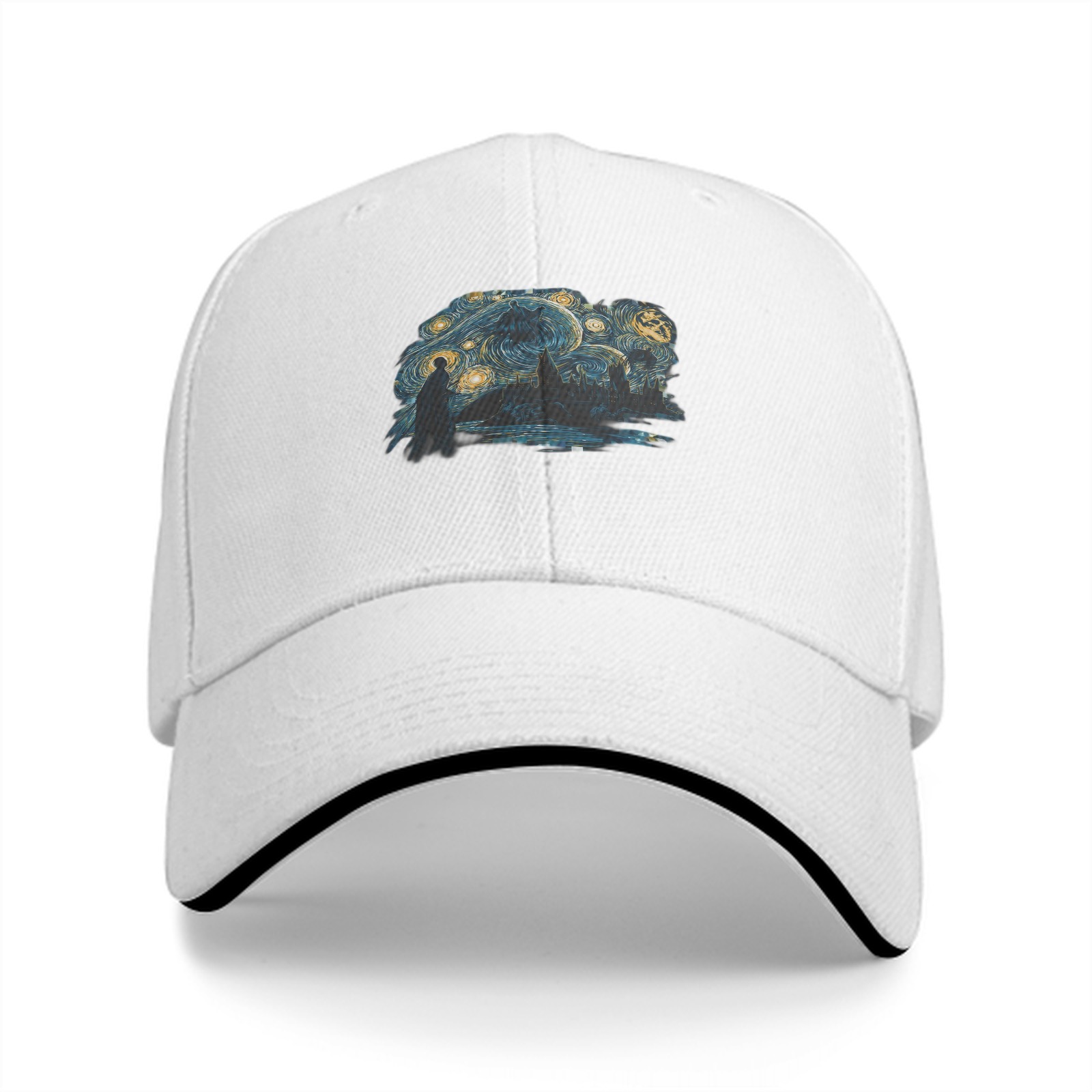 Black baseball cap with Starry Night inspired artistic print