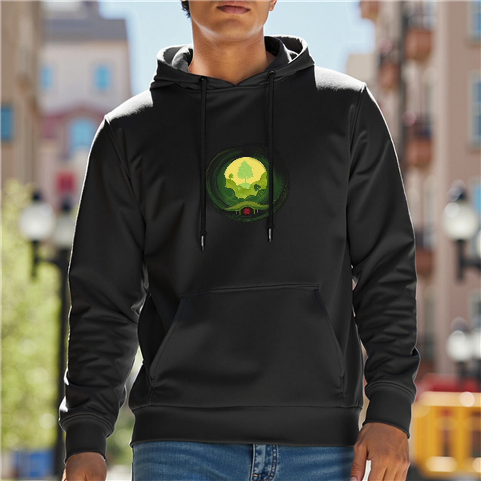 Black hoodie with Shire landscape graphic print