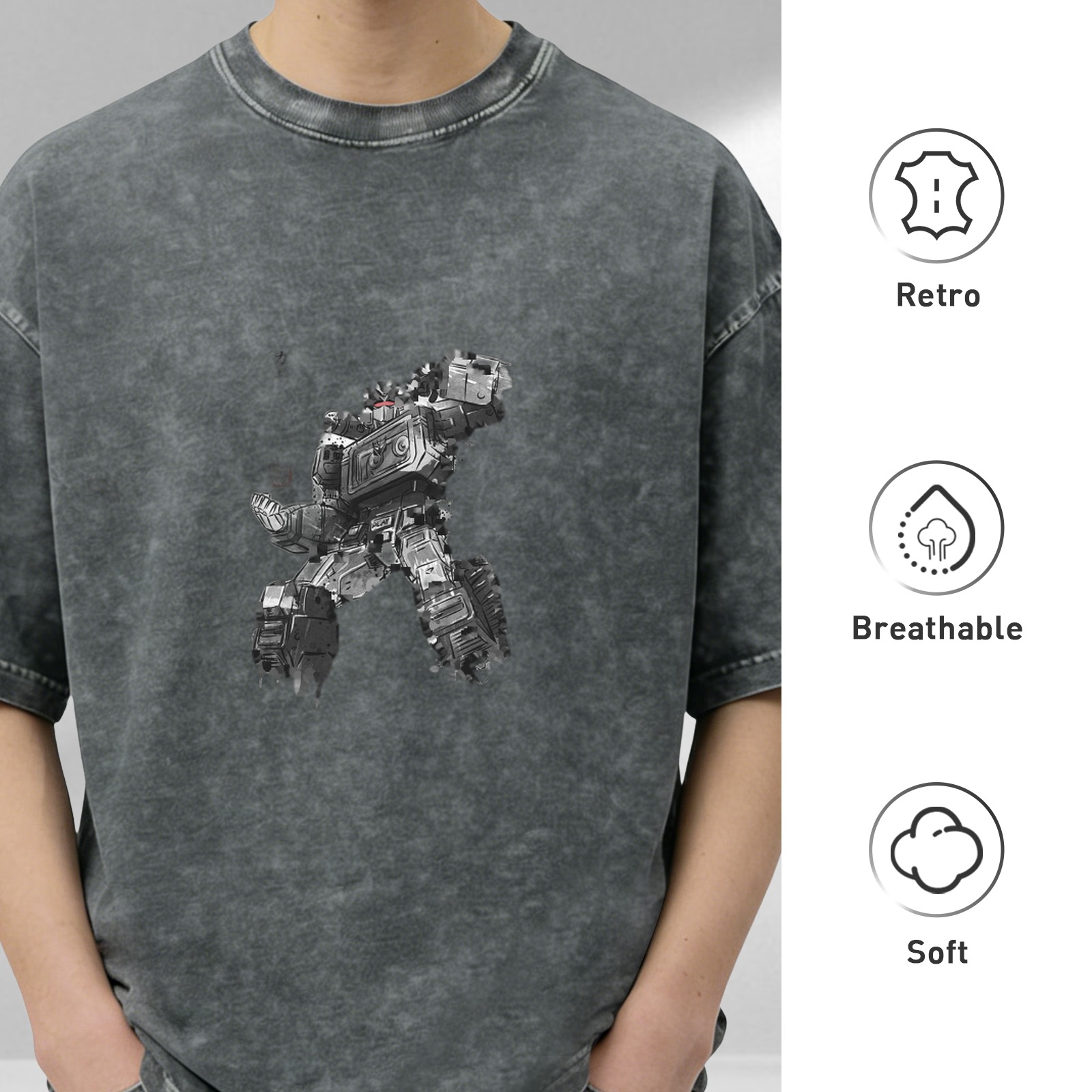 Oversized Acid Wash T-Shirt With Robot Graphic Print