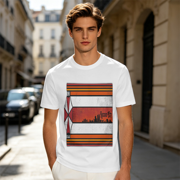 Olive T-Shirt With Retro Striped City Skyline Graphic Print