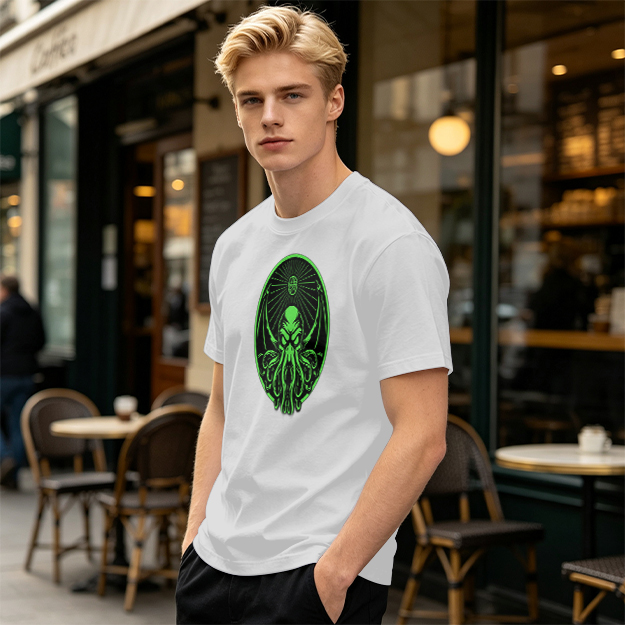 Olive Green T-Shirt With Glowing Green Cthulhu Graphic Print