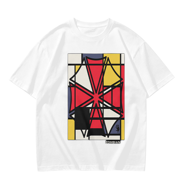 Olive T-Shirt with Mondrian-style Geometric Abstract Graphic Print