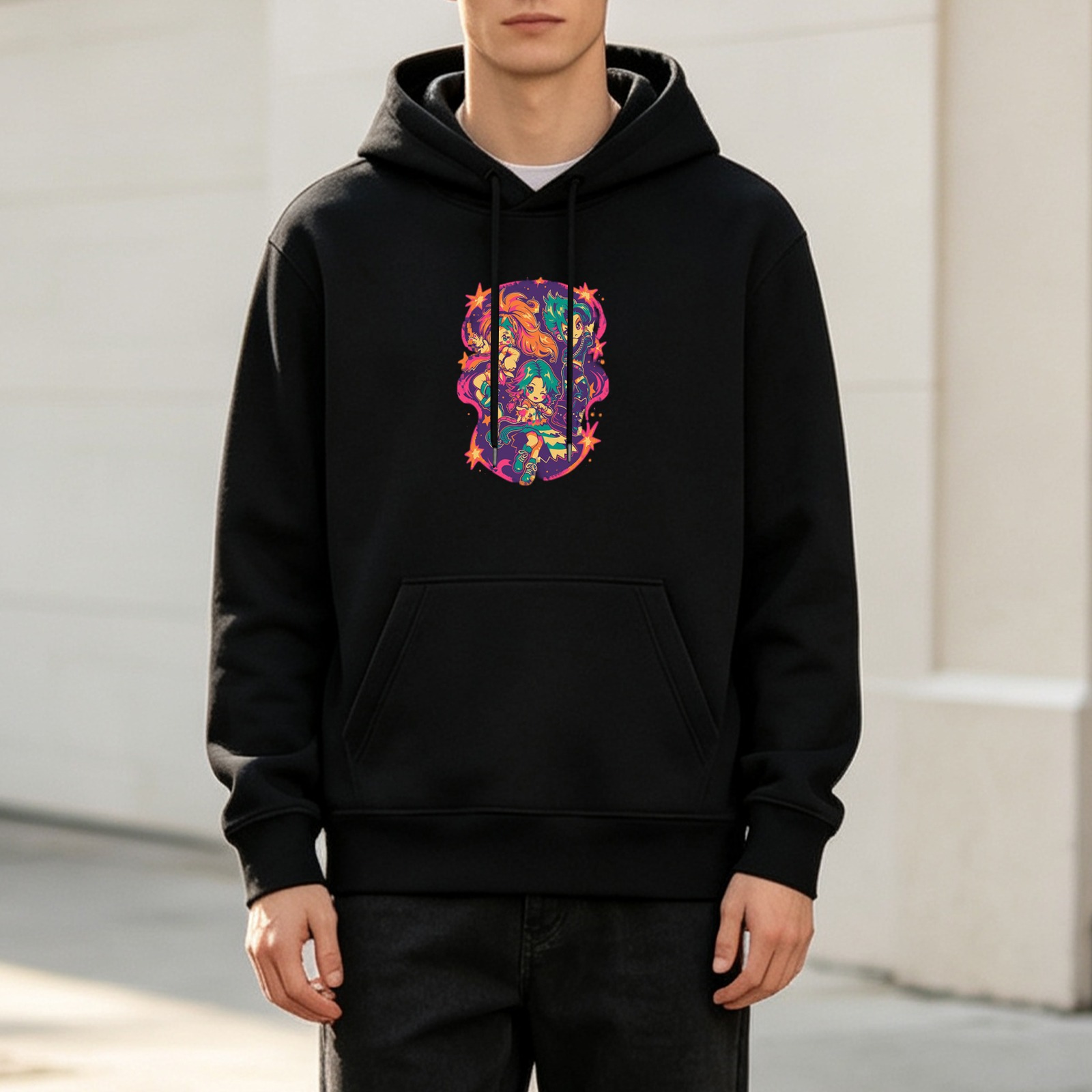 Black Hoodie With Vibrant Psychedelic Skull Artwork Print