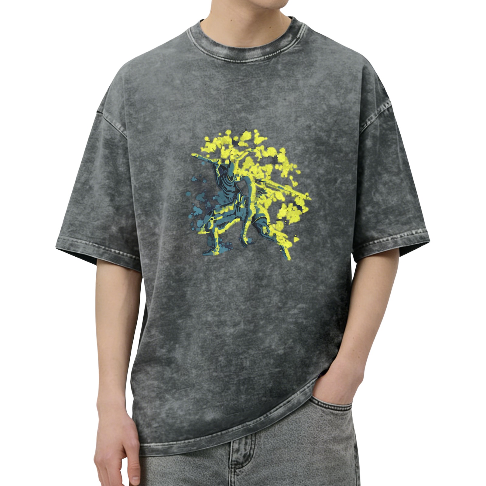 Washed Black Graphic T-Shirt with Neon Splatter Warrior Design