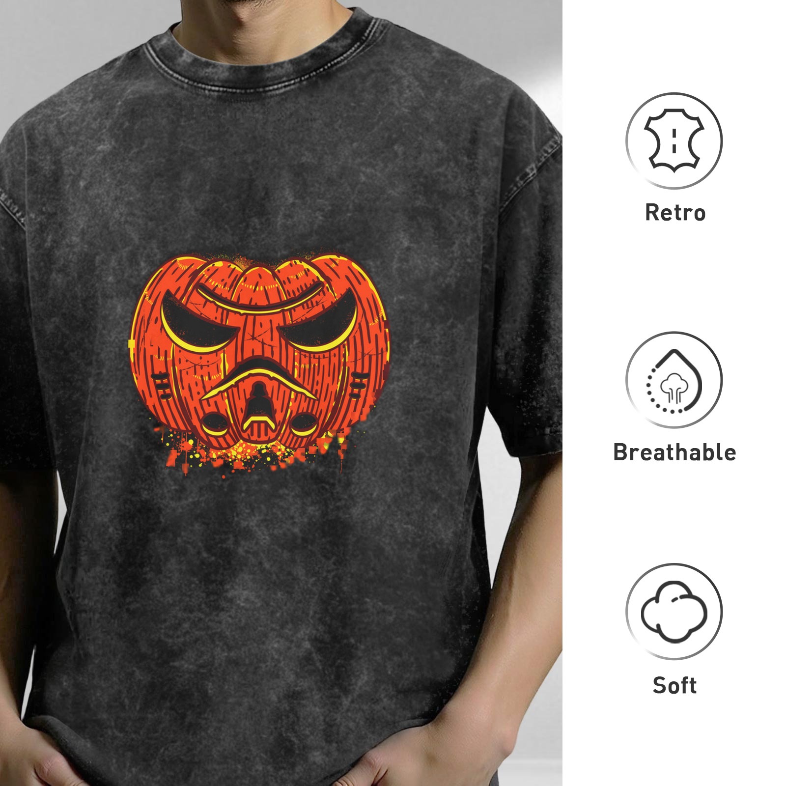 Oversized Dark Wash T-Shirt With Angry Pumpkin Jack-O'-Lantern Print
